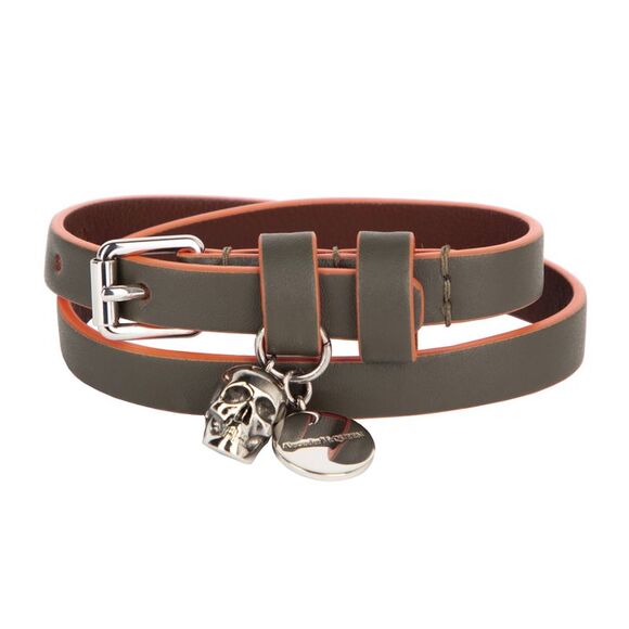 Alexander McQueen Men's Graffiti Skull Leather Wrap Bracelet in green